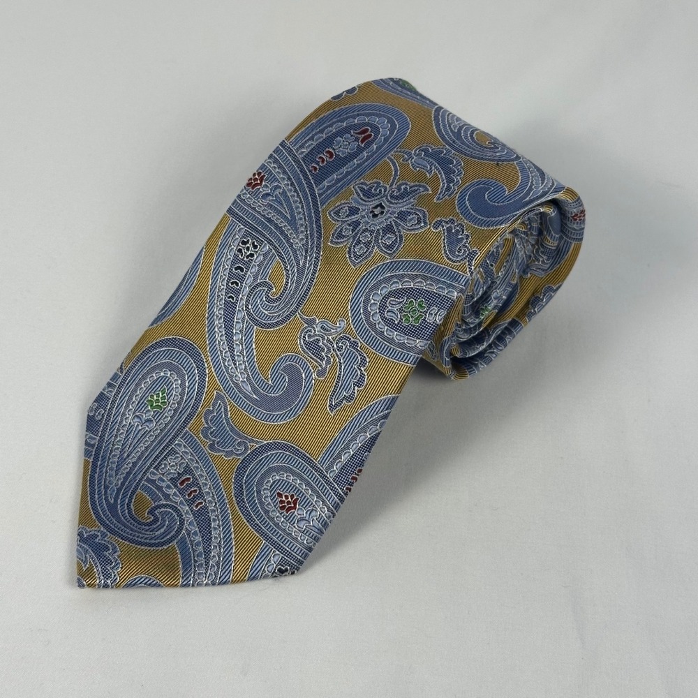 Jos A Bank Executive Collection Silk Tie Blue Gold Paisley Jacquard 3.5"W 59.5"L
